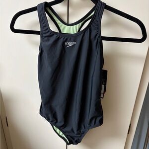 Speedo Girls Black and Green One Piece Swimsuit racer back
